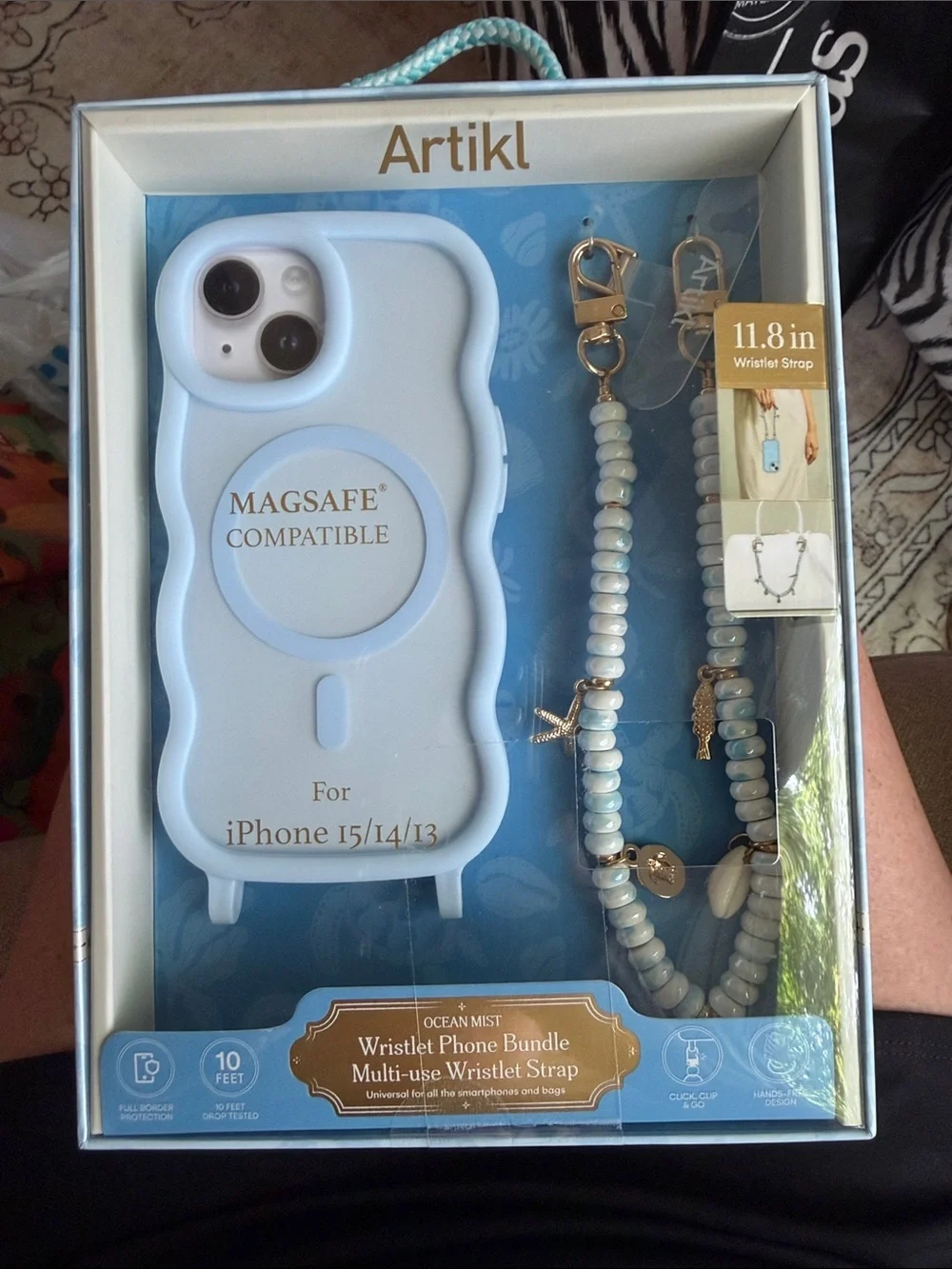 Ocean Mist MagSafe-Compatible Light Blue iPhone Case with Beaded Wristlet